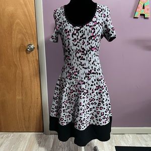 Kate Spade Gray, Black, and Pink Fit & Flare Leopard Print Sweater Dress
